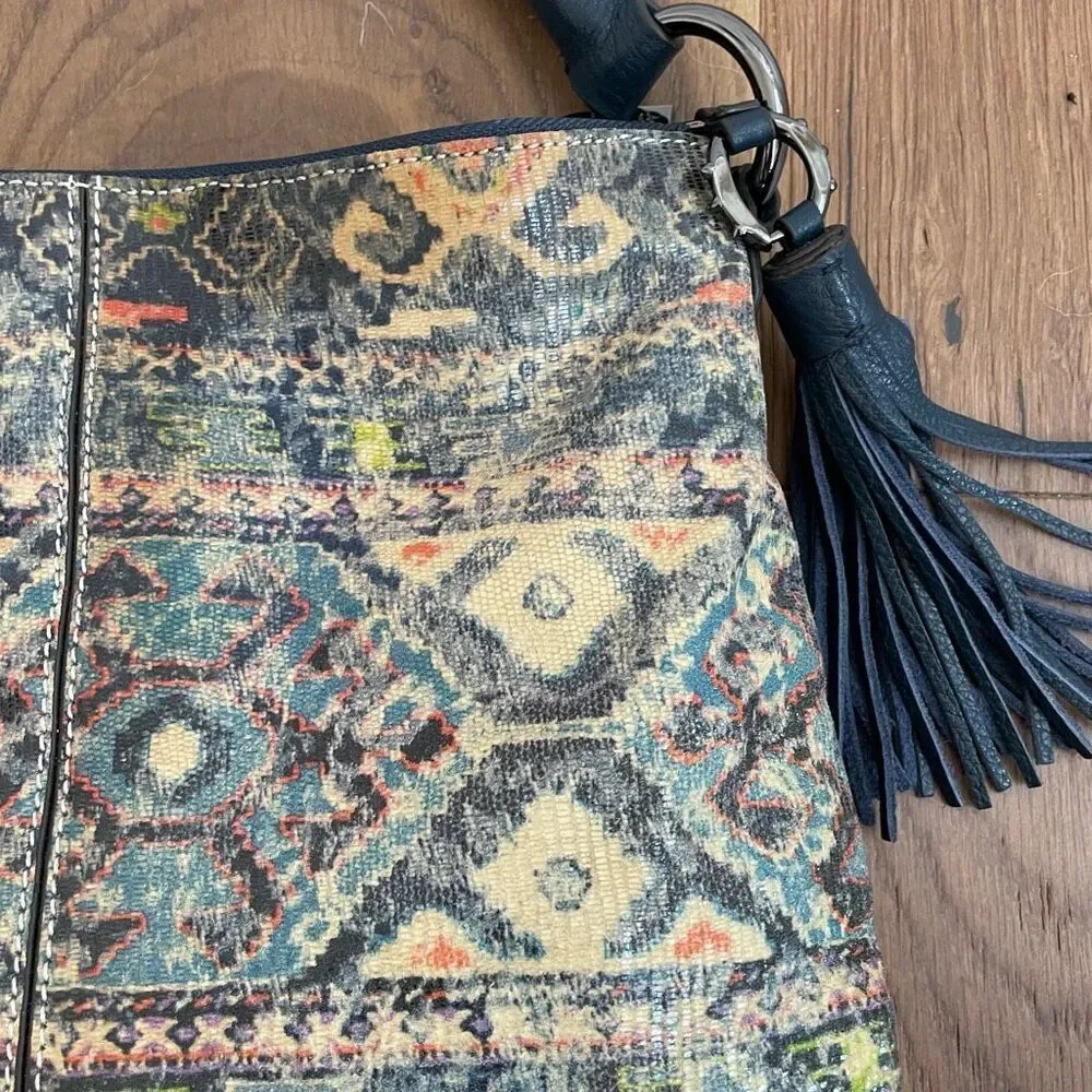 Aimee Kestenberg Coated Batik Pattern Faux Leather Dark Blue Trim Bag Purse $248